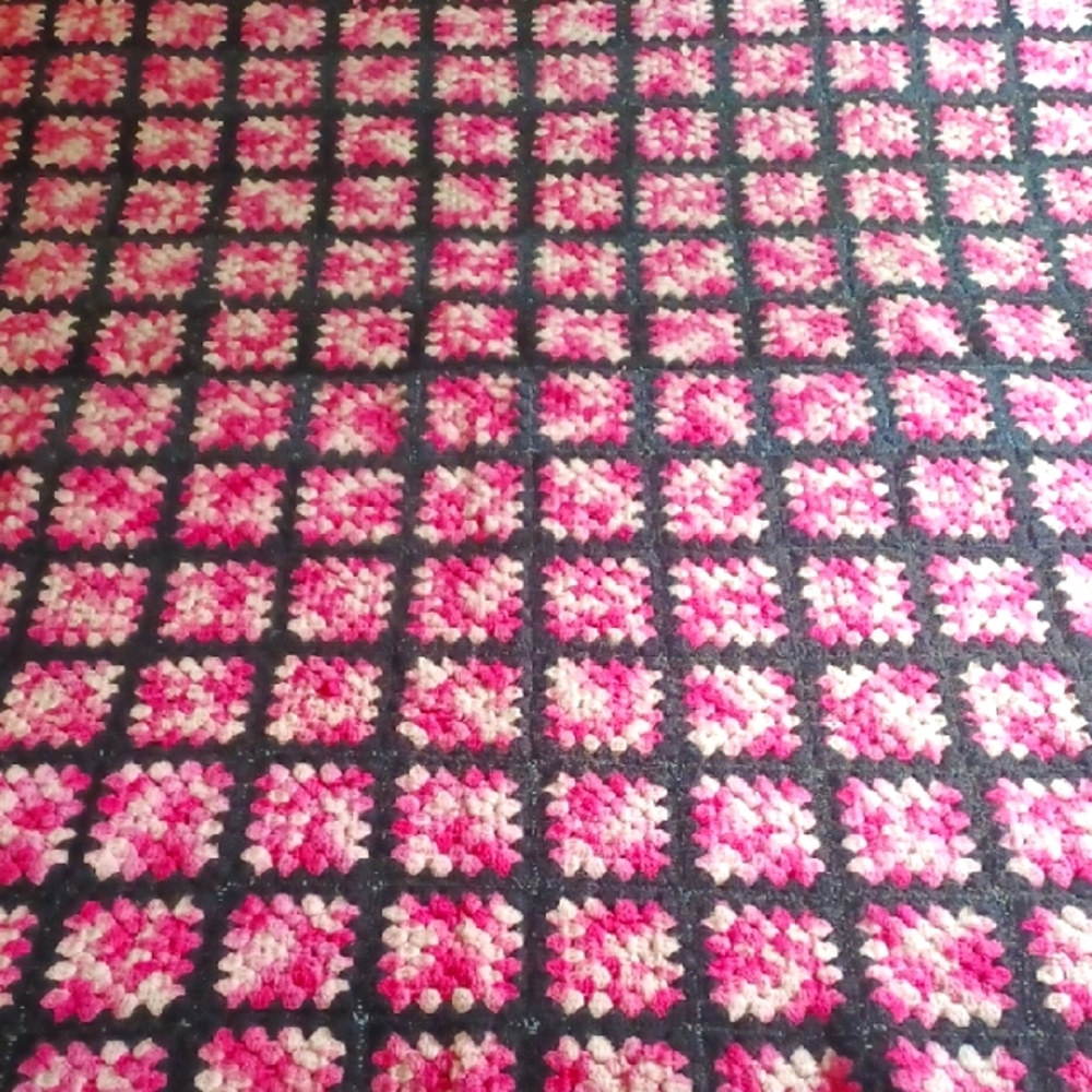 Vintage Black And Pink Crochet Afghan